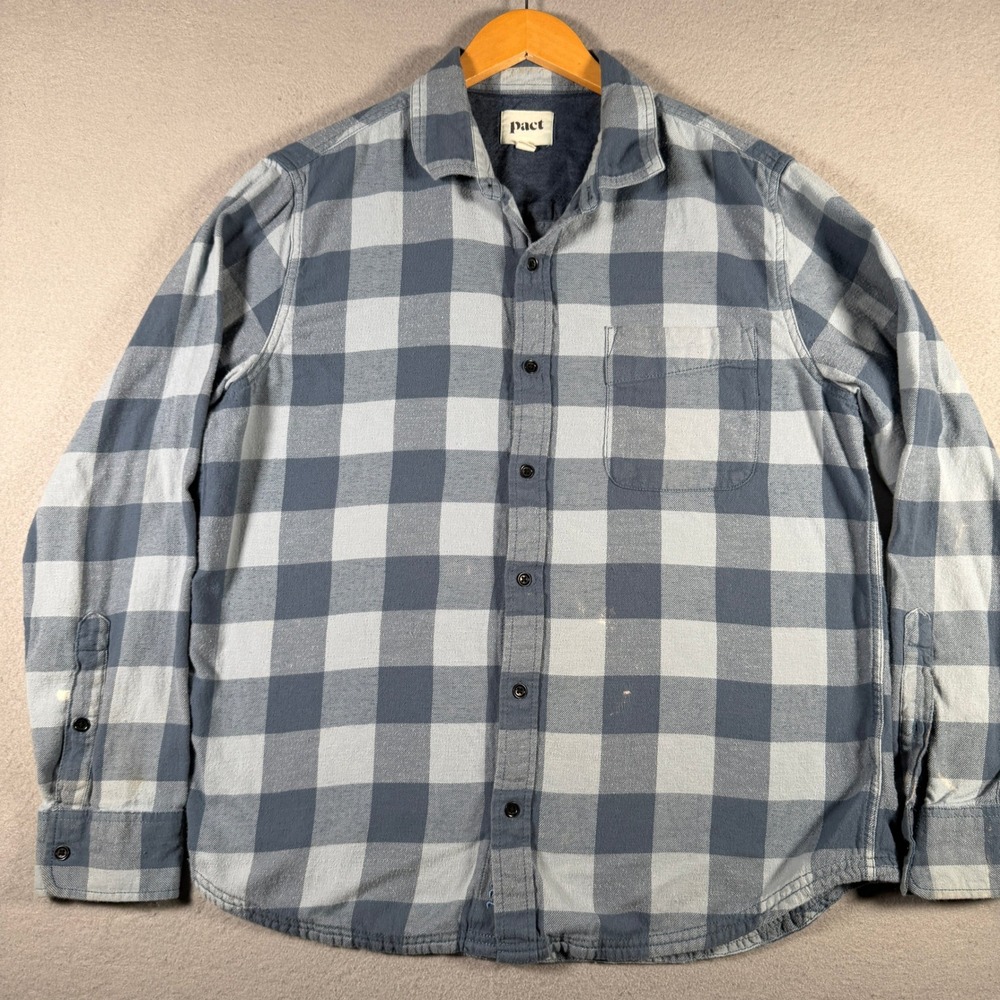 Pact Organic Cotton Flannel Shirt Blue Grey Buffalo Check Plaid Size L